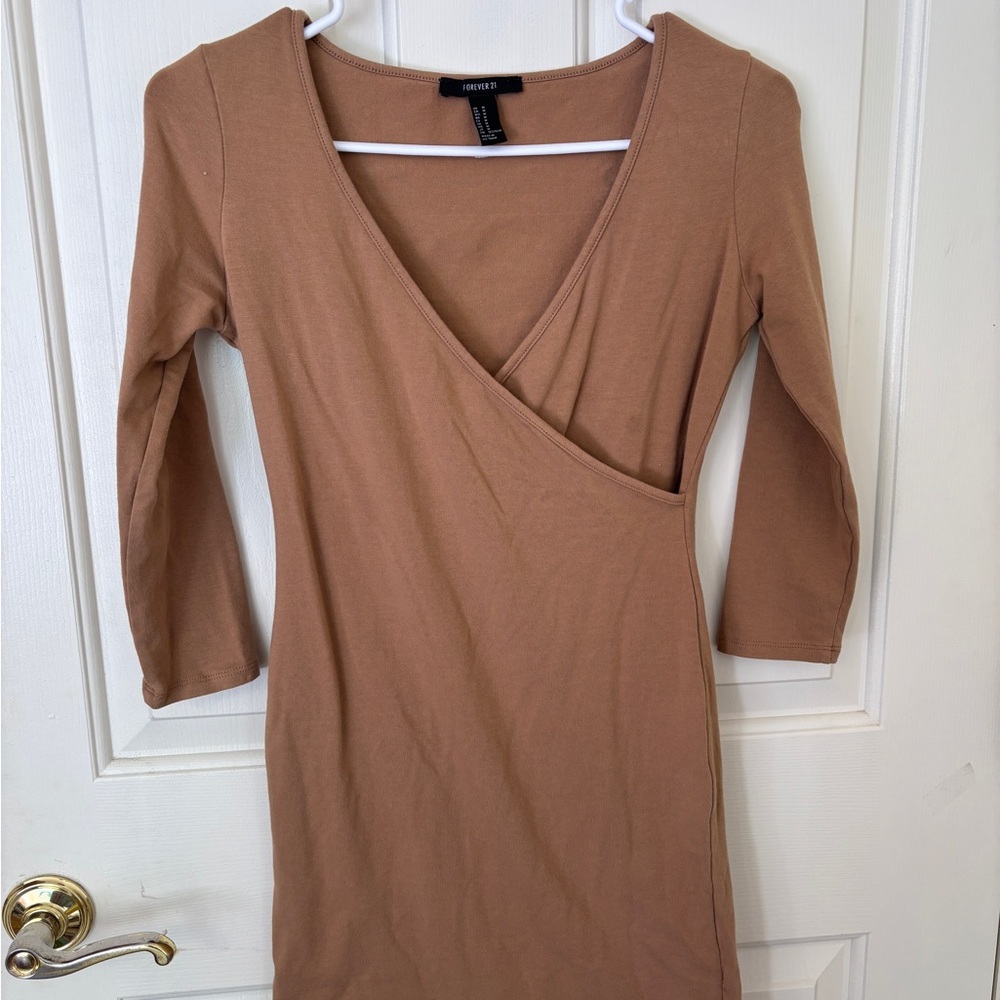 Tan Long Sleeve Wrap Dress